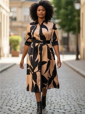 Beige and Black Botanical Print Midi Shirt Dress with Belt